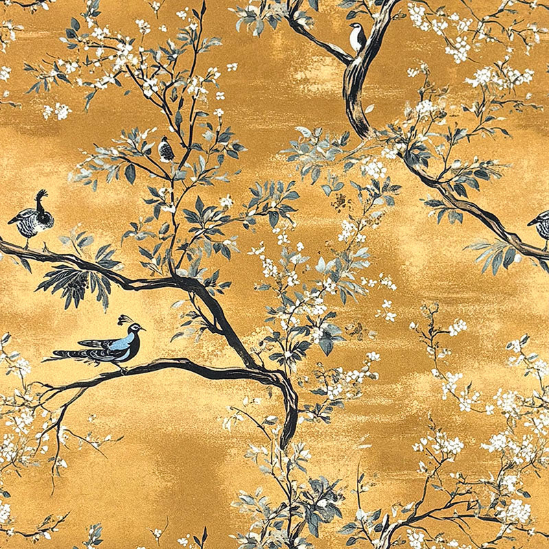 Pavone No.3 ochre Crib5 velvet fabric showing peacocks, flowering branches and soft botanical detail