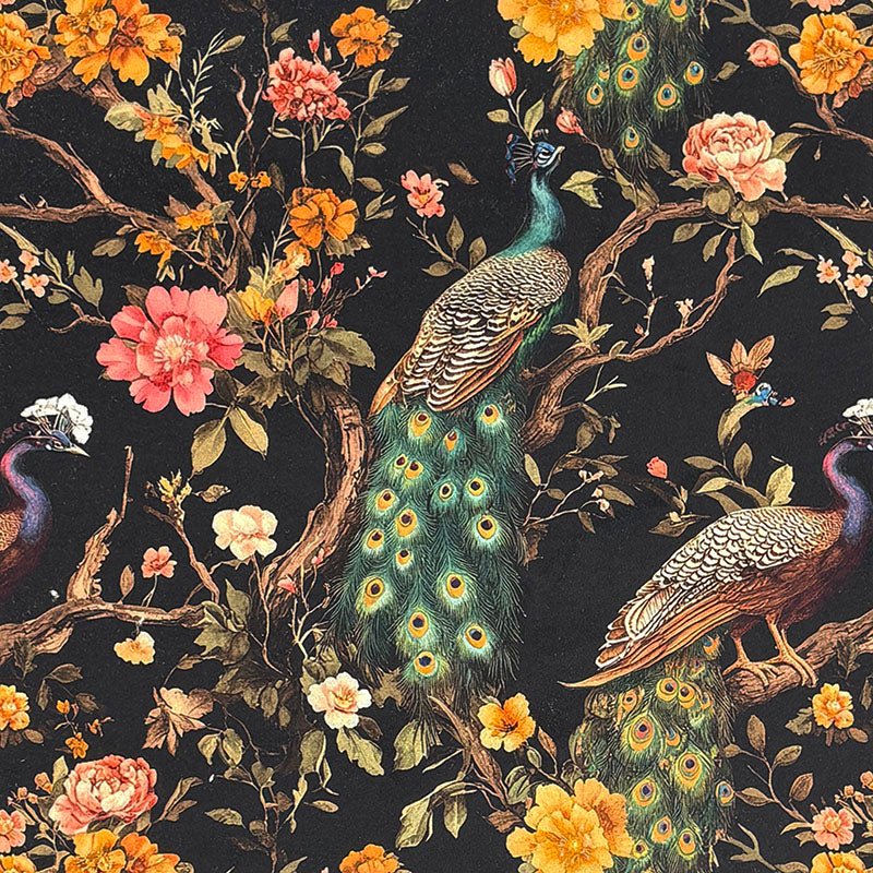 Pavone No.6 dark Crib5 velvet fabric with peacocks and vivid coral and yellow flowers