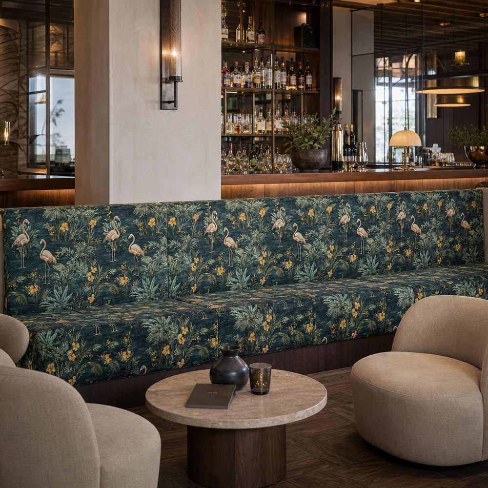 Upholstered bench in Pavone No.8 dark green flamingo velvet with botanical foliage
