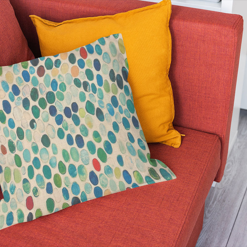Cushion in Pointillia No.9 teal blue polka dot curtain fabric for colourful curtain and cushion schemes