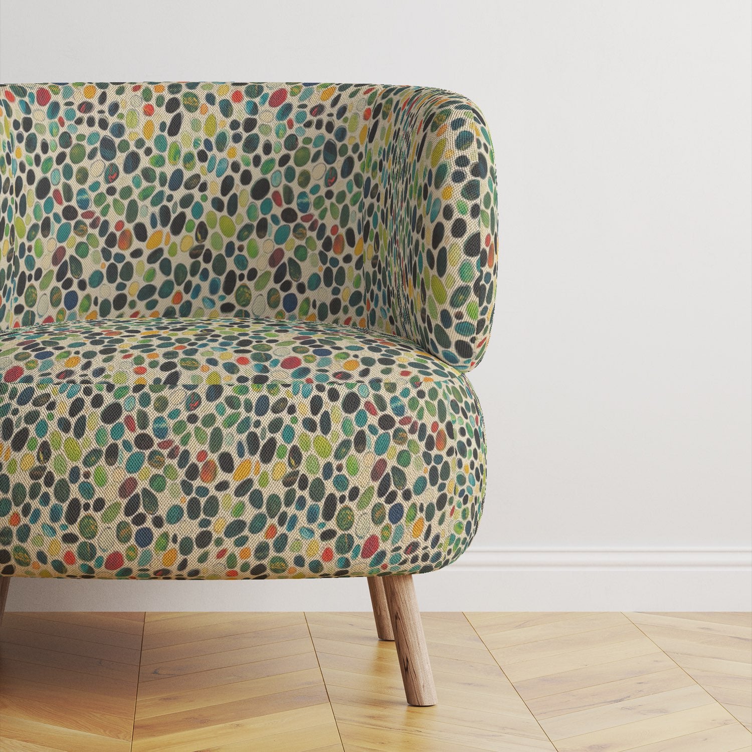 Modern chair upholstered in Pointillia No.8 patterned upholstery fabric