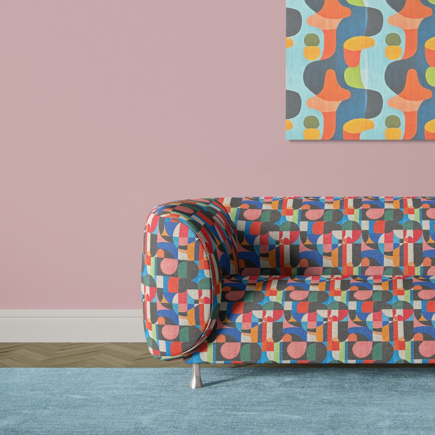 Colourful abstract Populist No.1 upholstery fabric used on a modern sofa