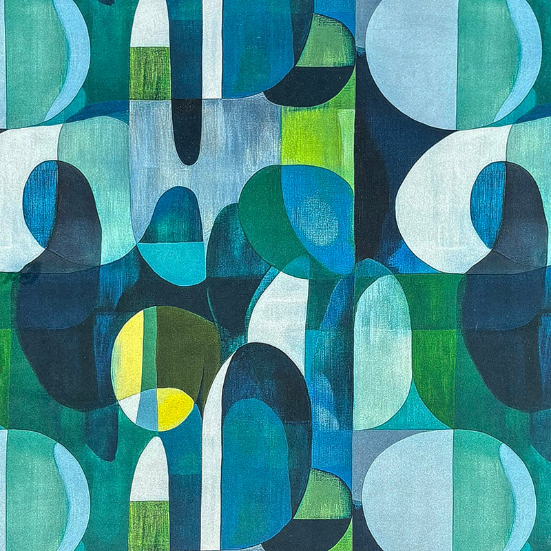 Blue green and teal Populist No.12 Crib5 velvet fabric with printed geometric design for upholstery