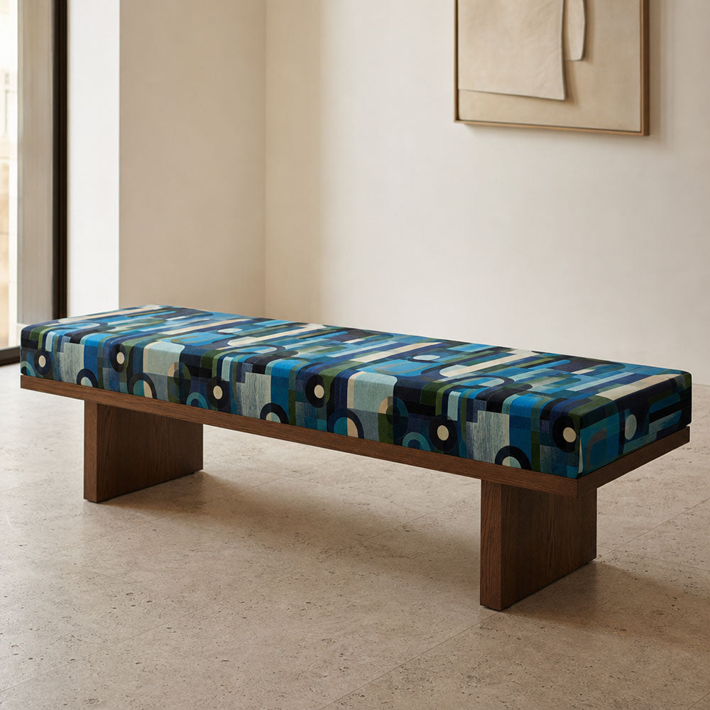 Populist No.17 Crib5 commercial upholstery velvet shown on a cool toned bench for luxury interiors