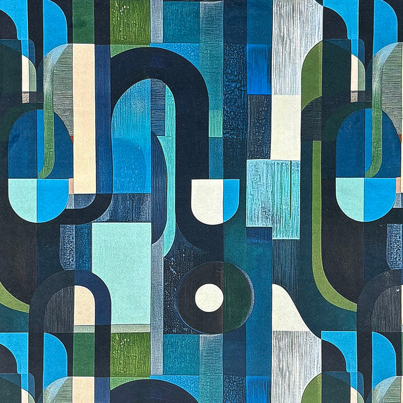 Teal blue green Populist No.17 Crib5 velvet fabric with printed geometric design for upholstery