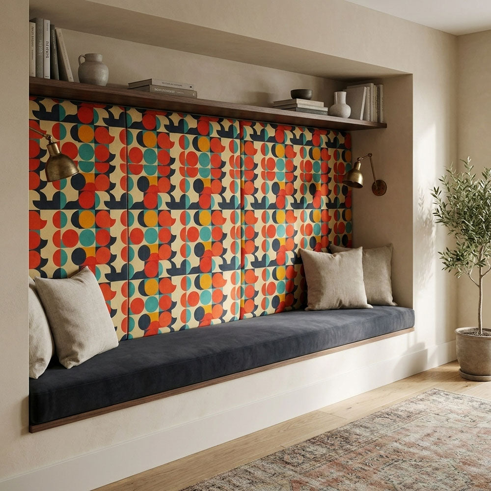 Populist No.3 Crib5 velvet fabric used on an upholstered headboard with bold printed pattern