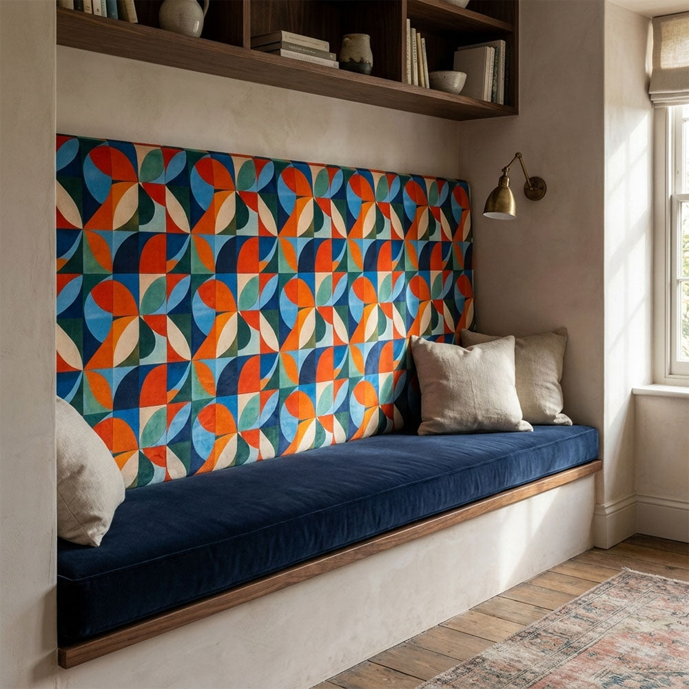 Populist No.4 blue Crib5 velvet upholstery fabric shown on a bench for commercial interiors