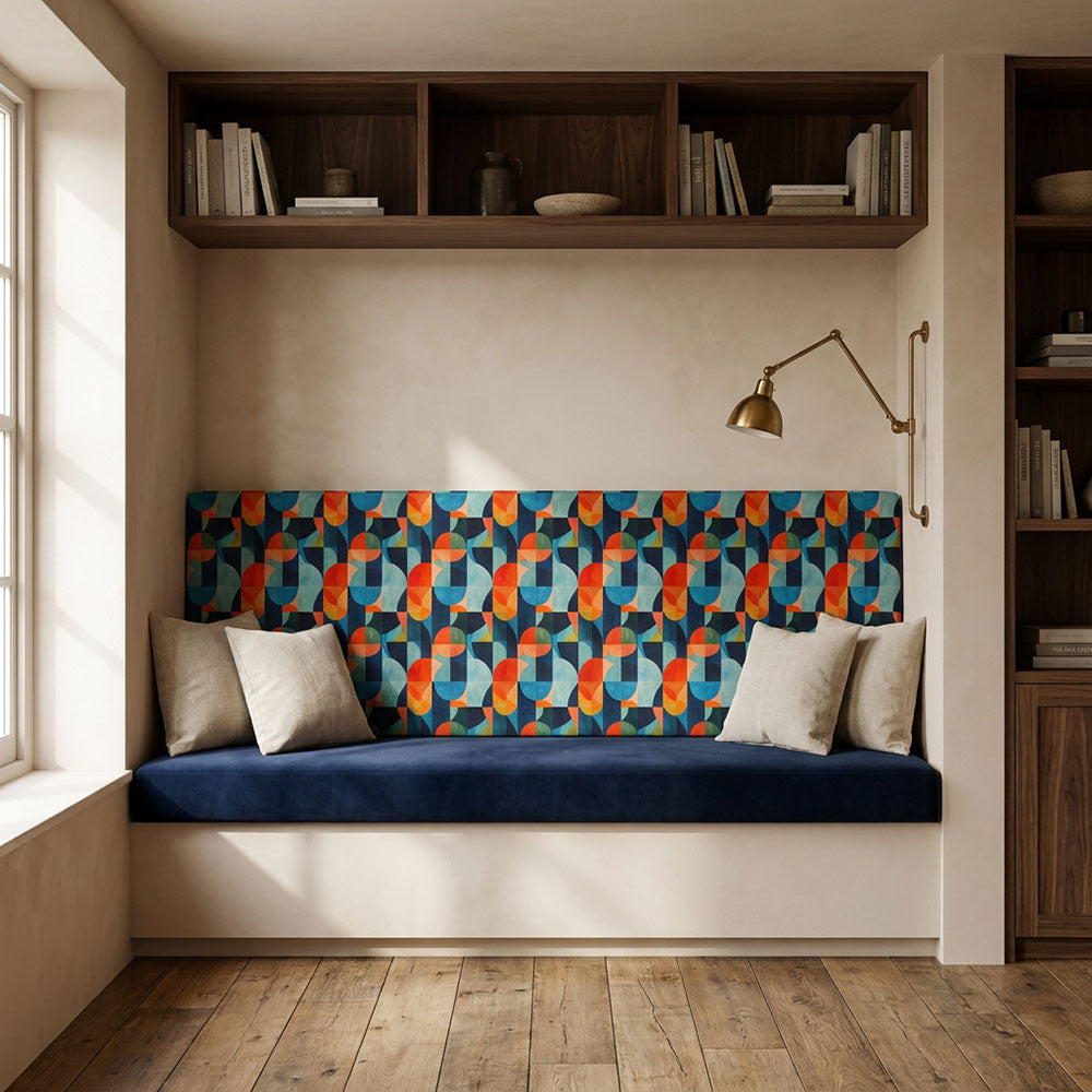 Populist No.6 Crib5 velvet upholstery fabric shown on a bench with colourful contract interior styling