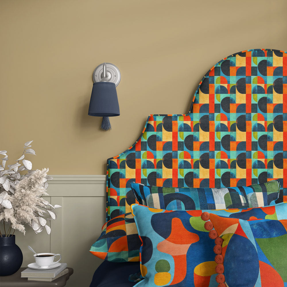 Populist No.7 Crib5 velvet fabric on a statement upholstered headboard for bold interior schemes