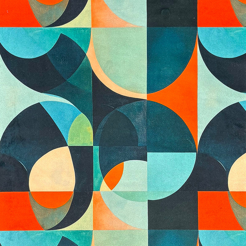 Blue teal Populist No.8 Crib5 velvet fabric flat lay with modern geometric upholstery print