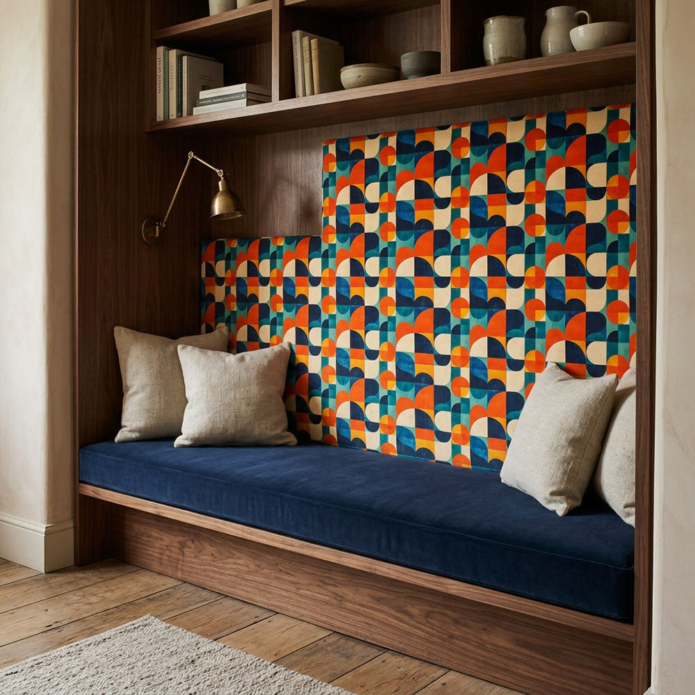 Populist No.9 Crib5 velvet upholstery fabric shown on warm statement bench seating