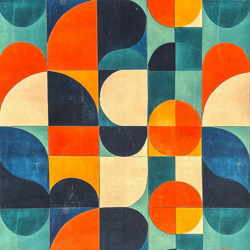 Orange and teal Populist No.9 Crib5 velvet fabric with warm abstract print for upholstery and curtains