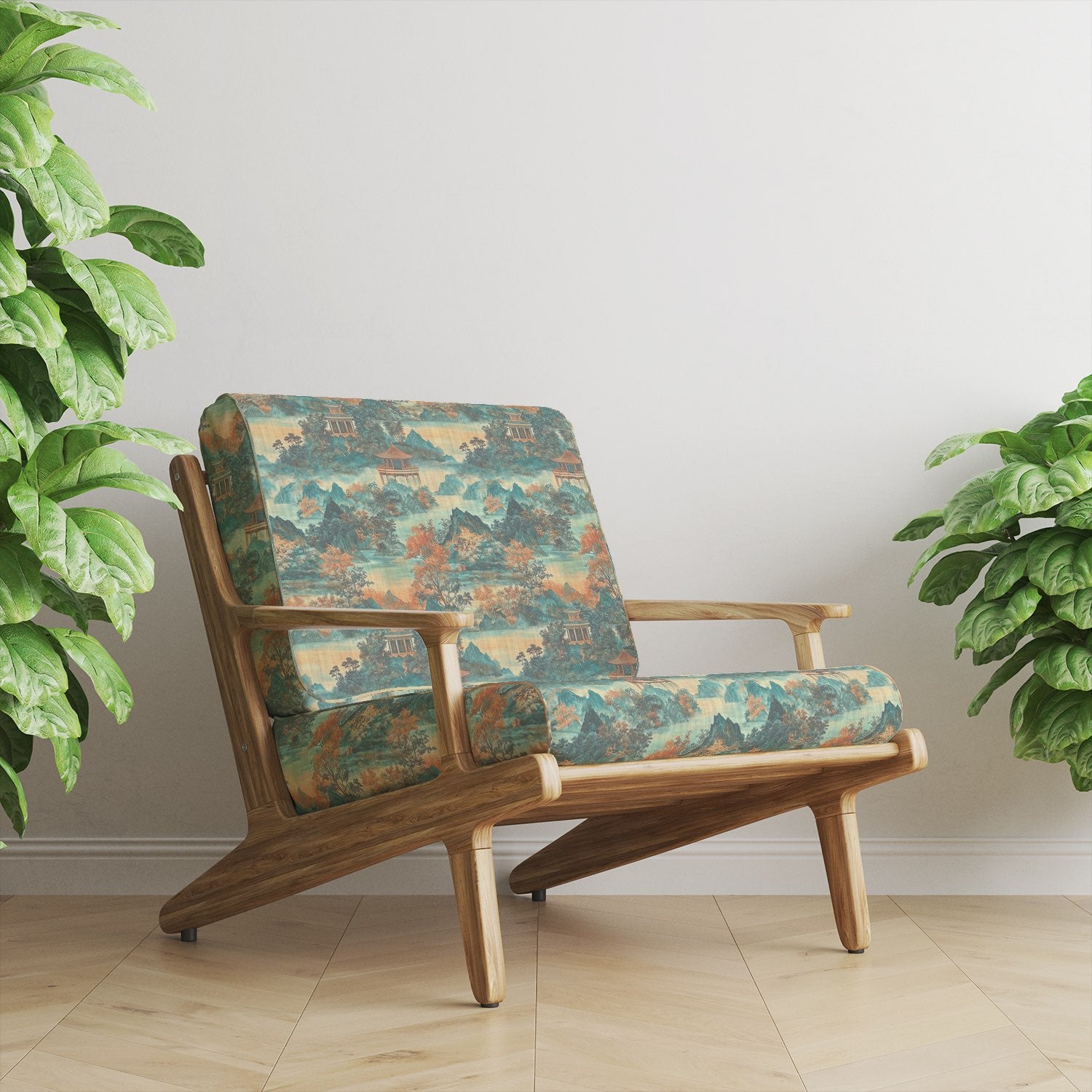 Scenic No.18 upholstery fabric on armchair with stylised pagoda and landscape scene