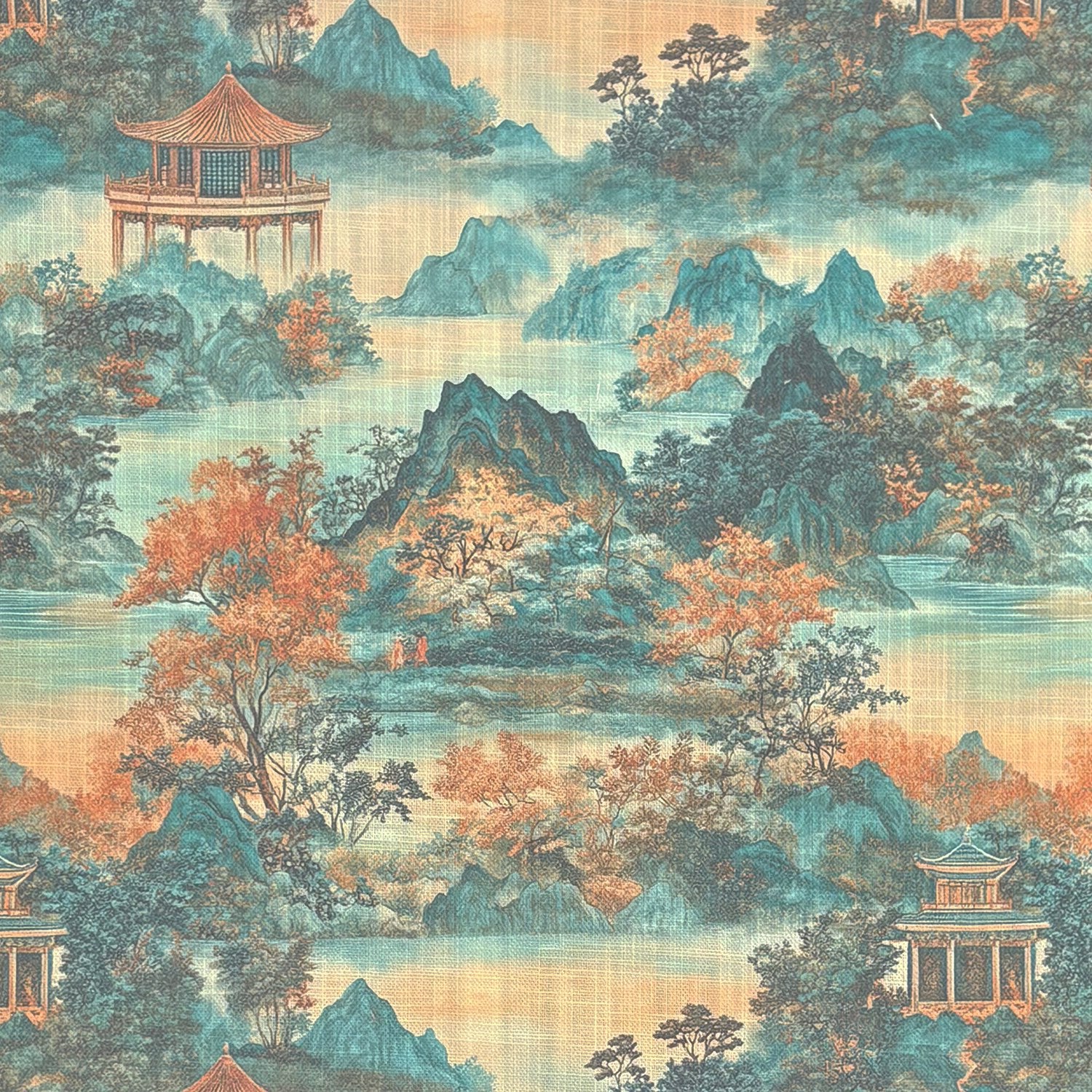 Scenic No.18 – scenic orange and teal printed upholstery fabric with Chinese landscape design