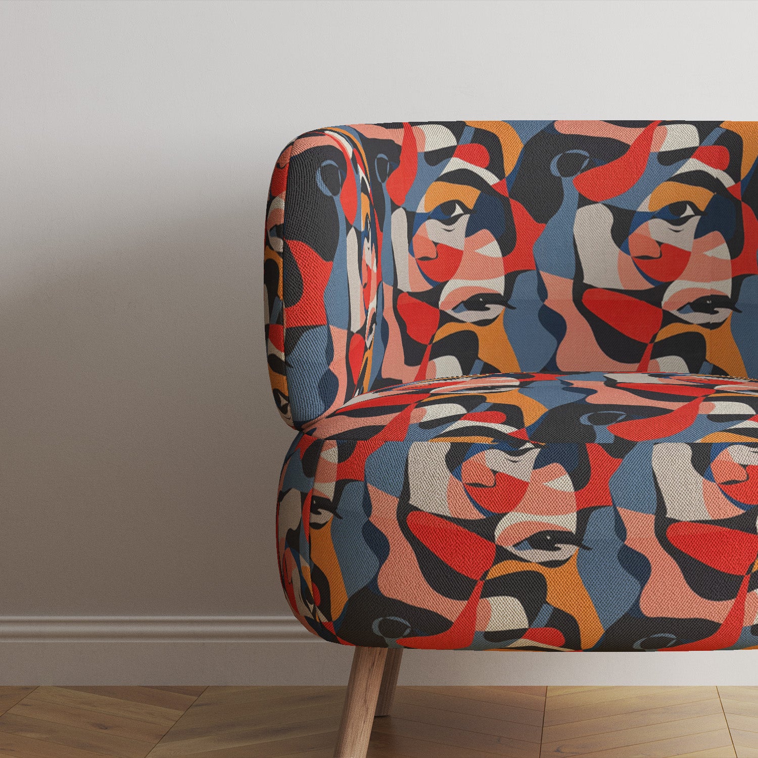 Modern bench upholstered in abstract upholstery fabric in navy, coral and ochre