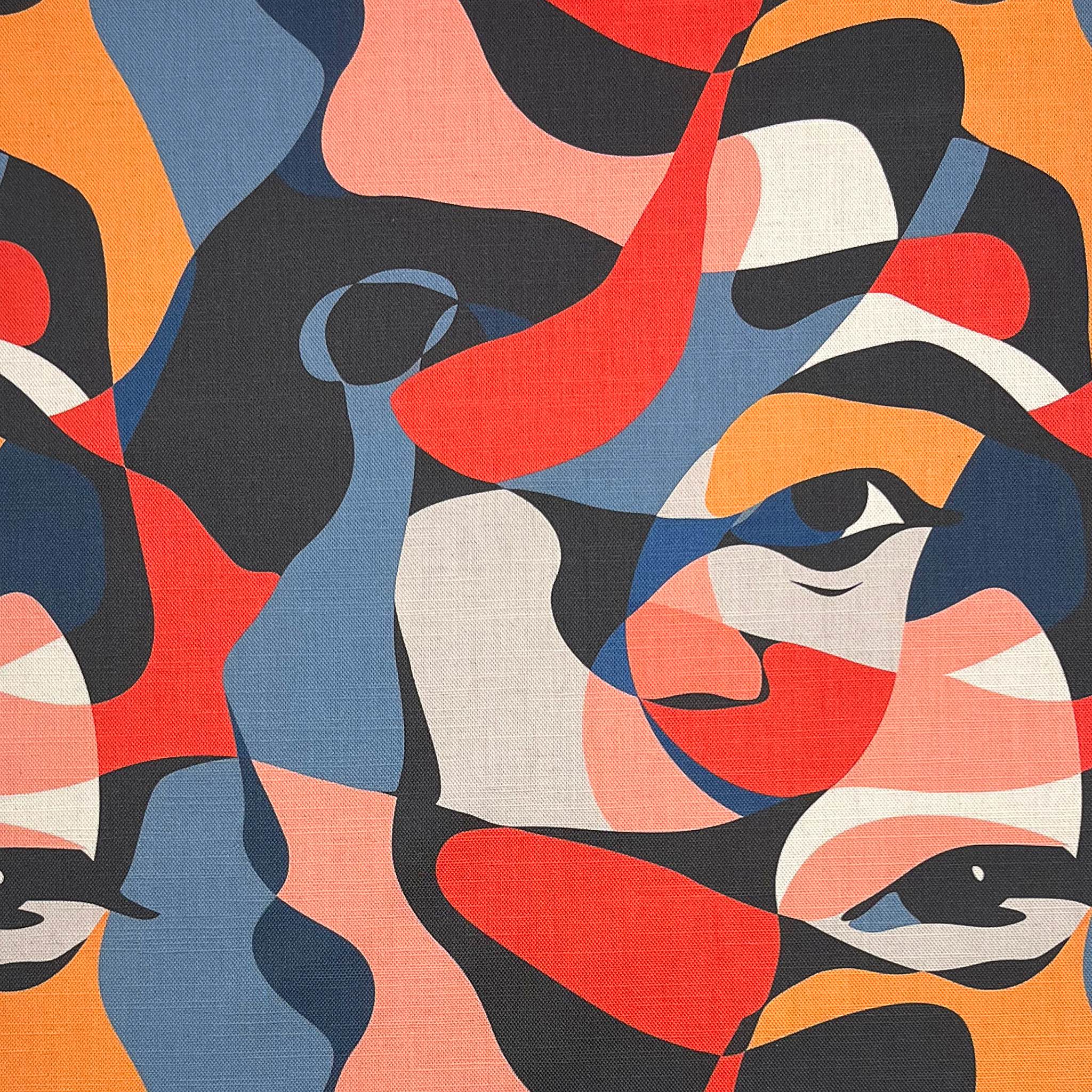 Multicoloured abstract upholstery fabric with expressive face design – Sculpture No.10 flat lay