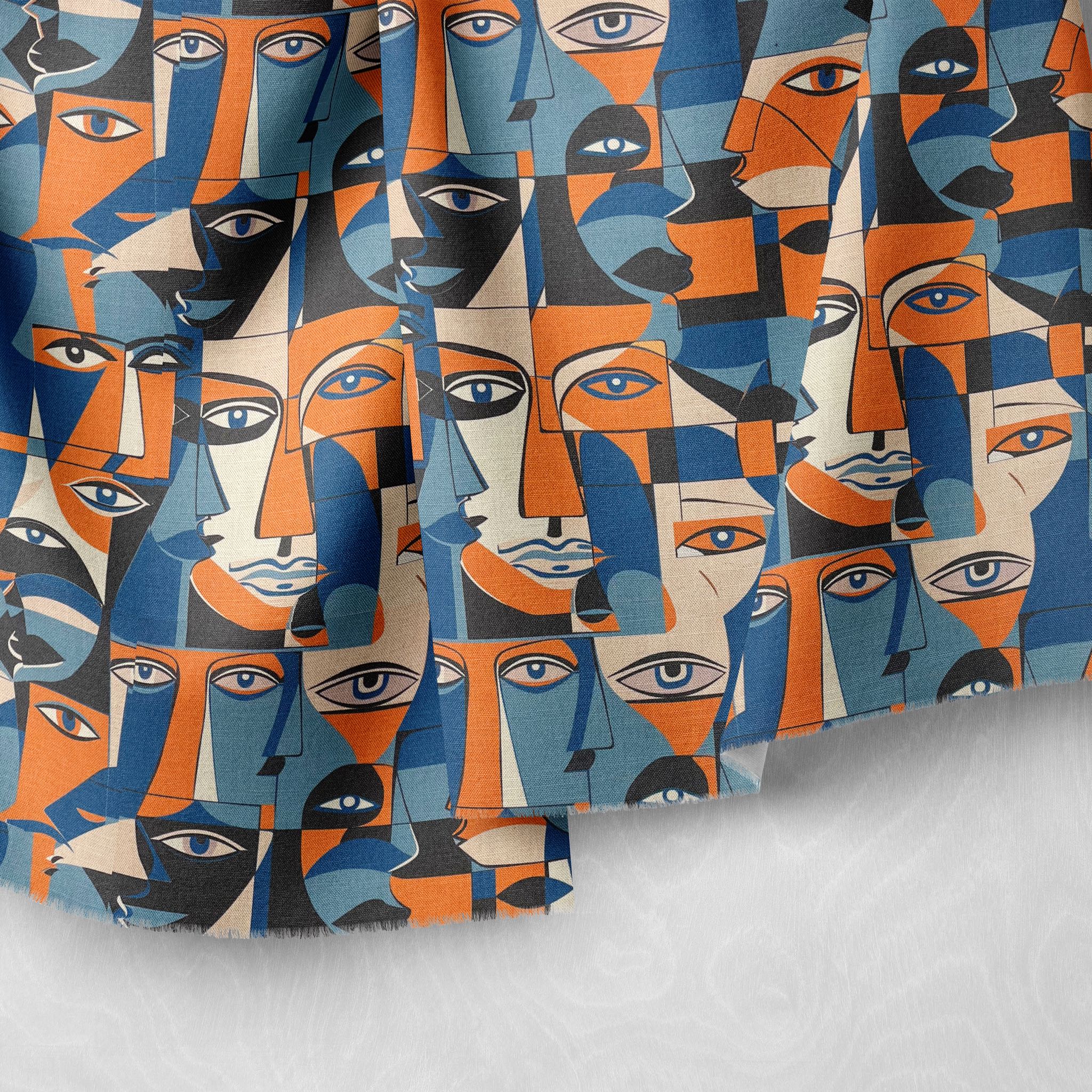 Bold blue upholstery fabric with cubist shapes and expressive features