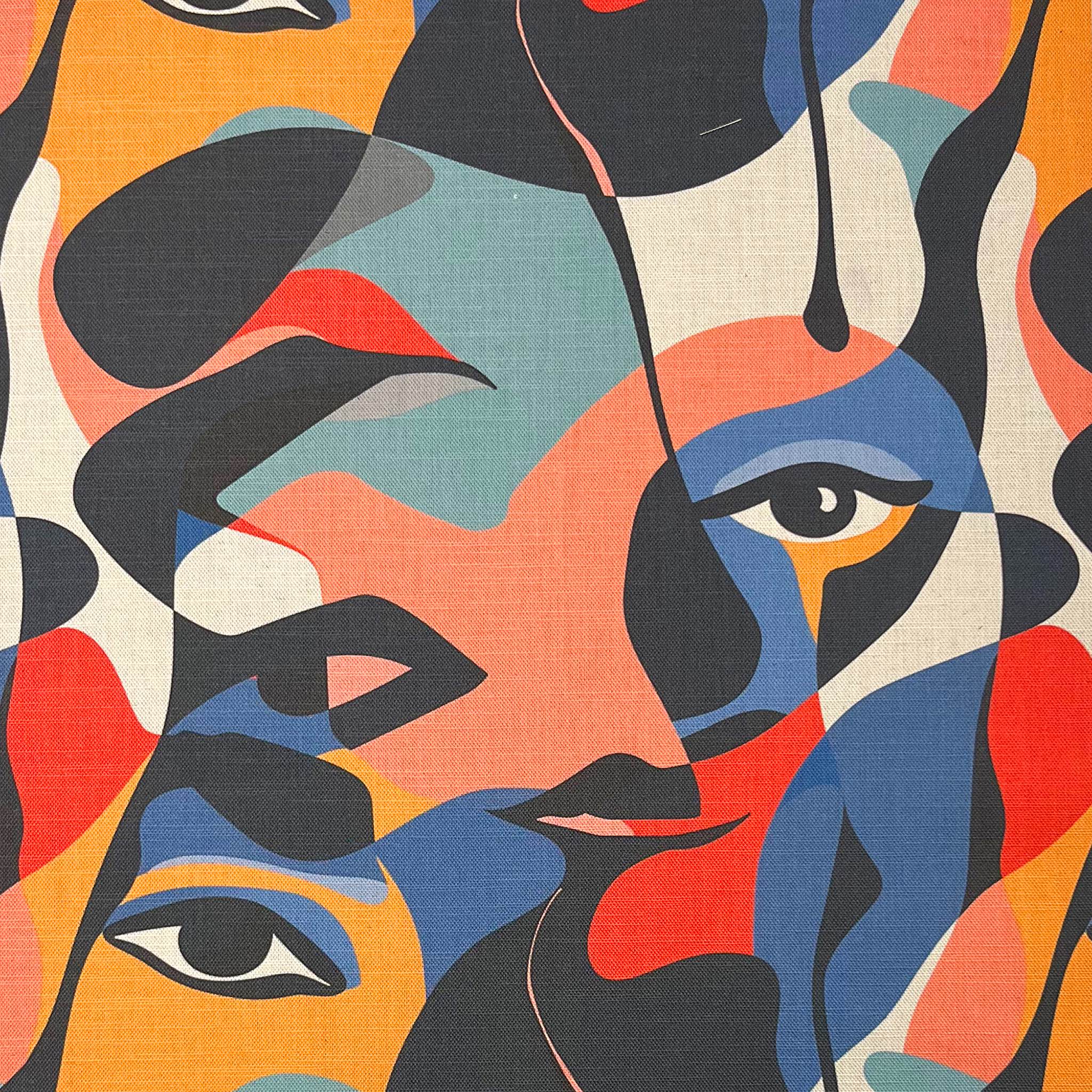Multicoloured abstract face upholstery fabric – Sculpture No.12 flat lay