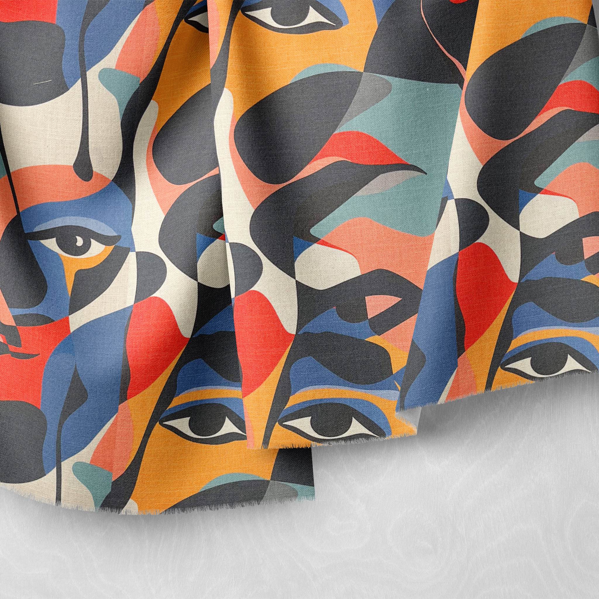 Draped upholstery fabric with bold abstract face design and multicoloured tones