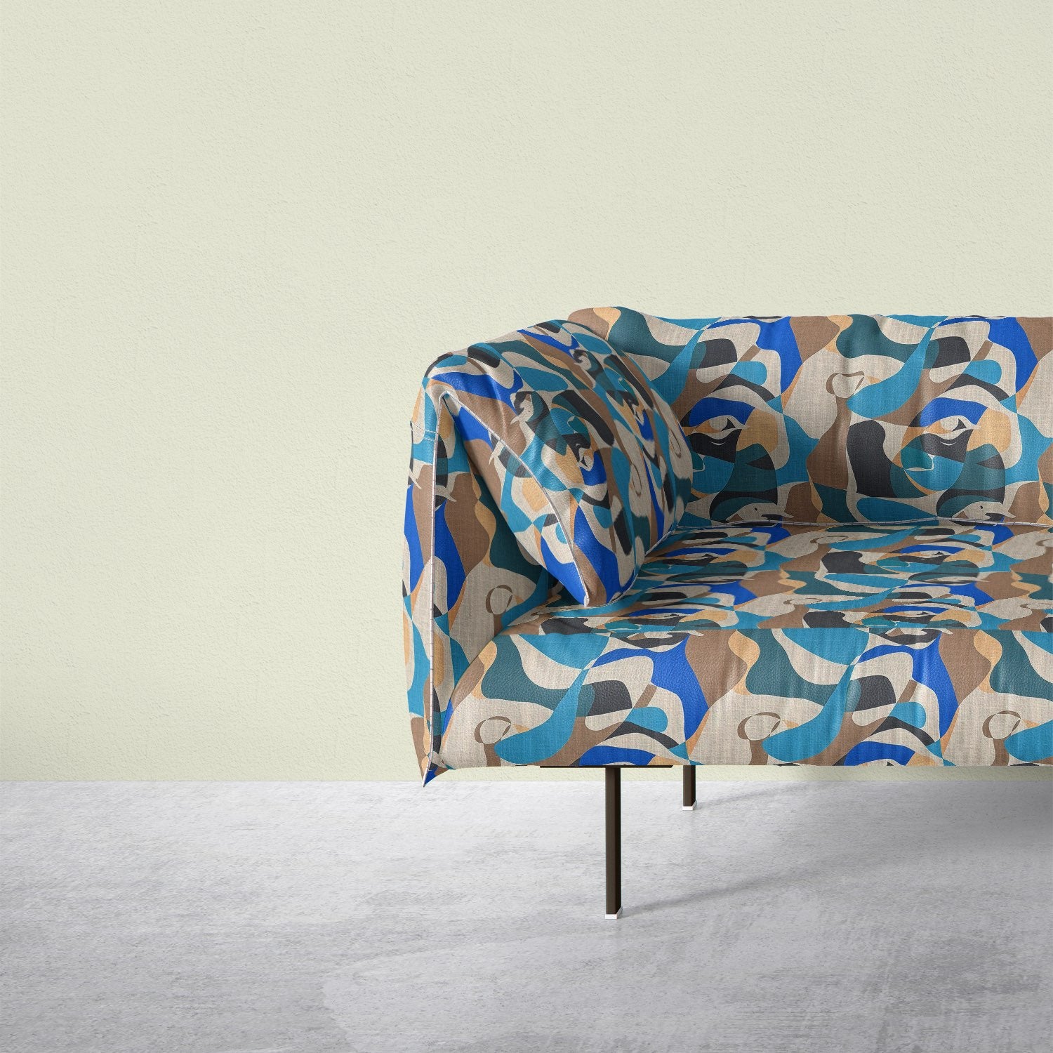 Sculpture No.15 abstract patterned blue and neutral upholstery fabric on modern sofa