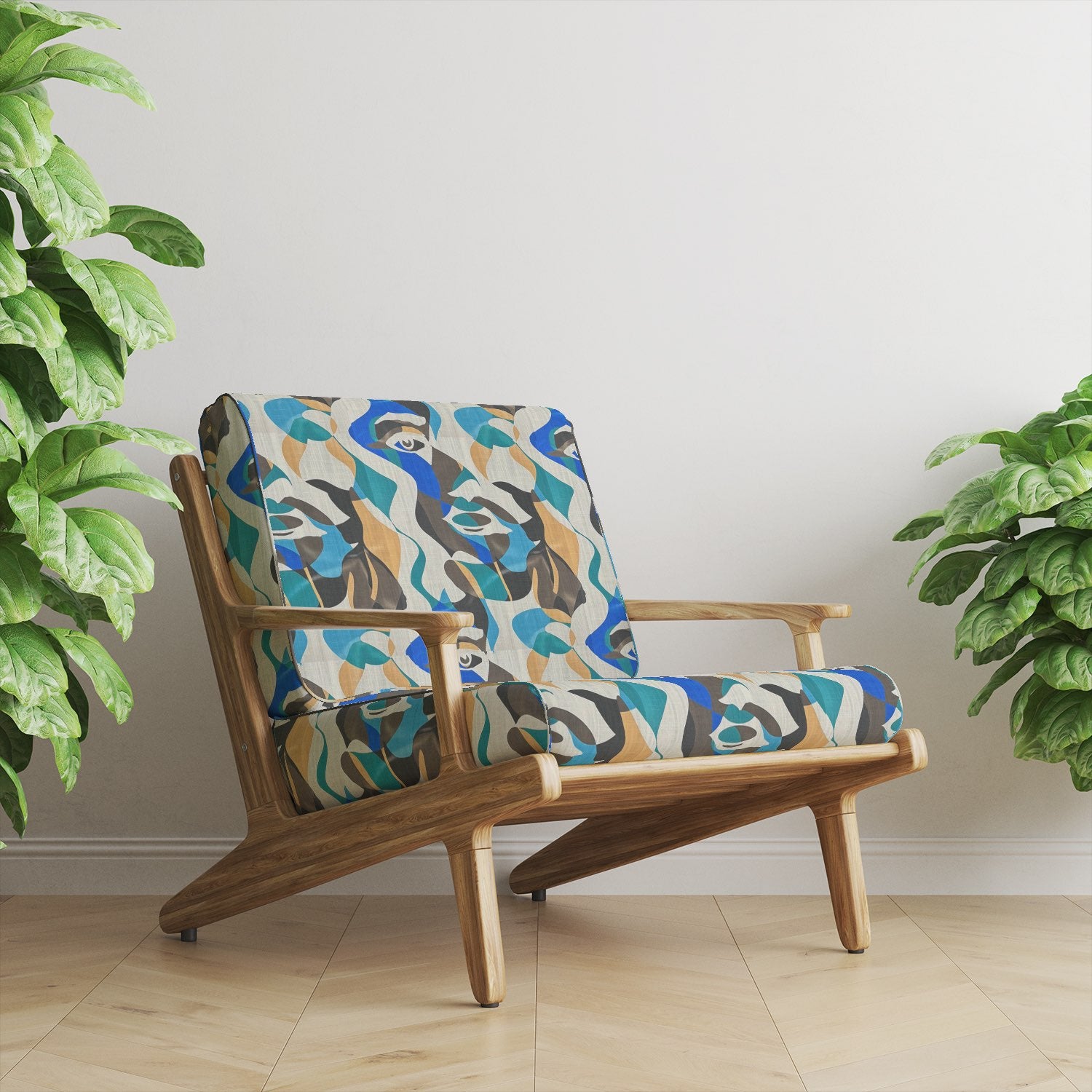 Sculpture No.16 upholstery fabric on mid-century chair in blue and ochre tones