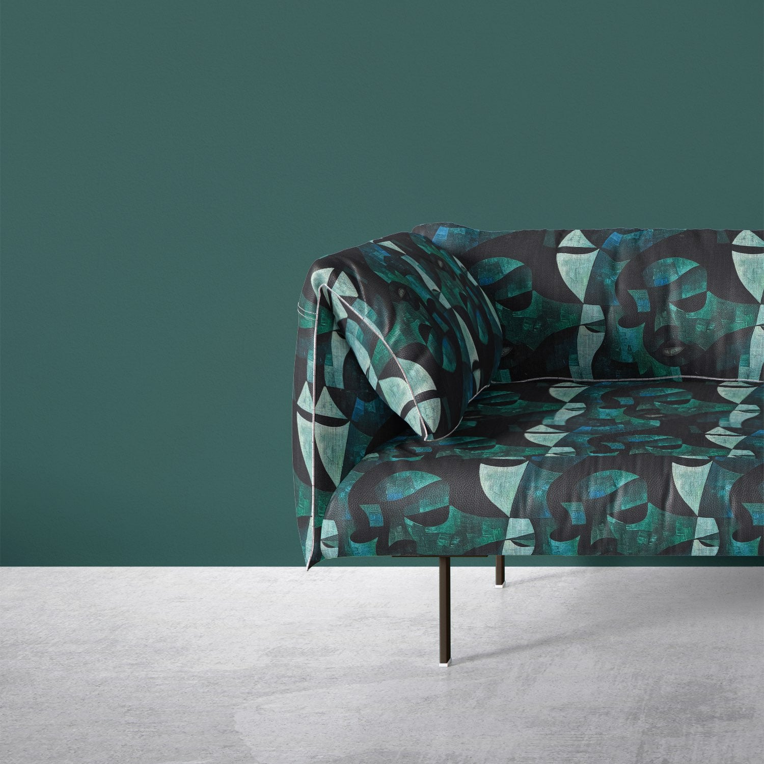 Sculpture No.17 Upholstery Fabric on modern sofa – artistic cubist design in teal and charcoal