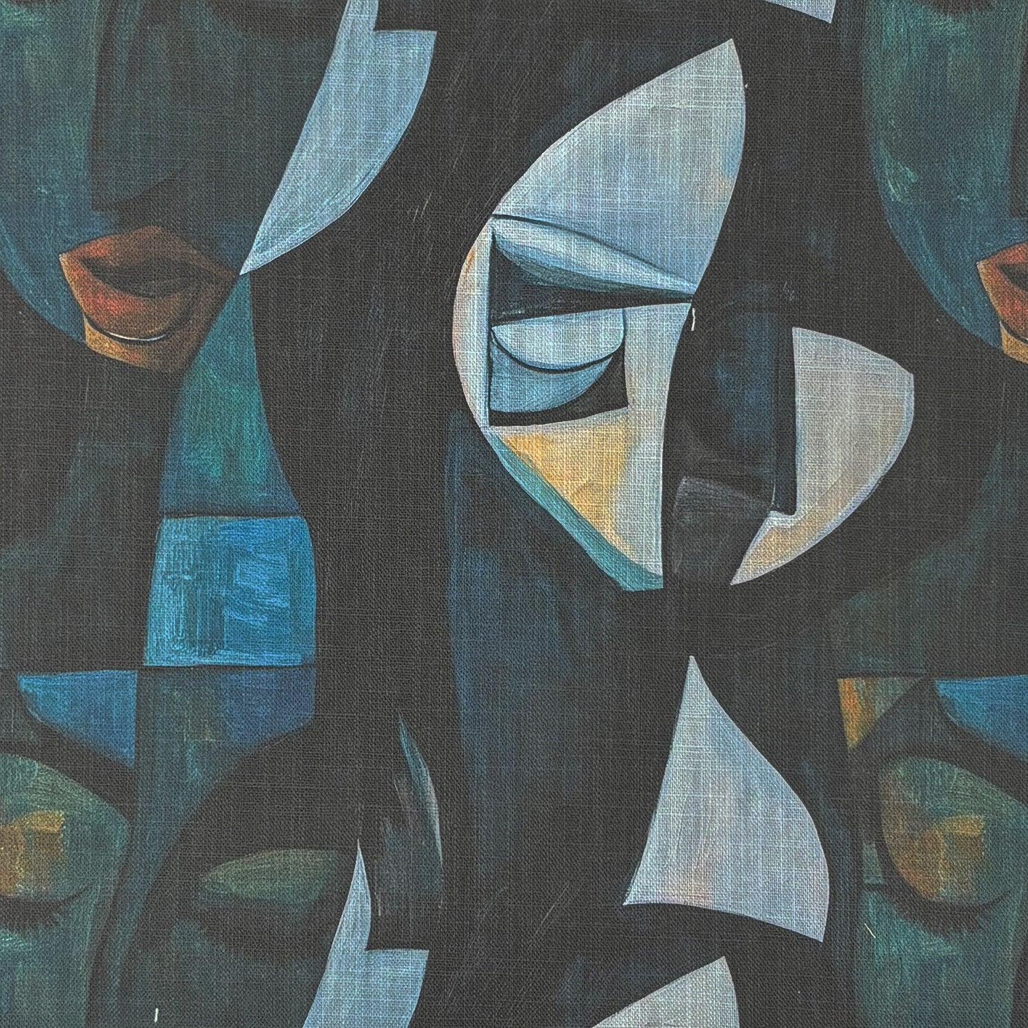 Flat image of Sculpture No.18 abstract patterned upholstery fabric in blue, grey, and ochre tones