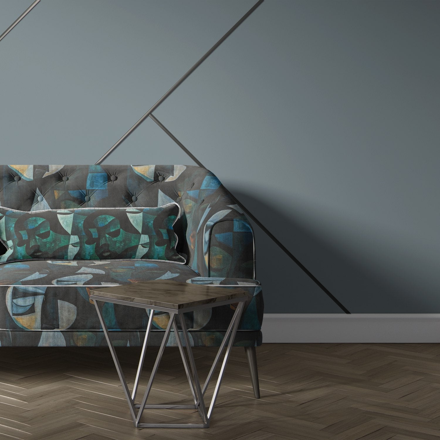 Sofa upholstered in Sculpture No.18 abstract upholstery fabric with geometric portrait motif