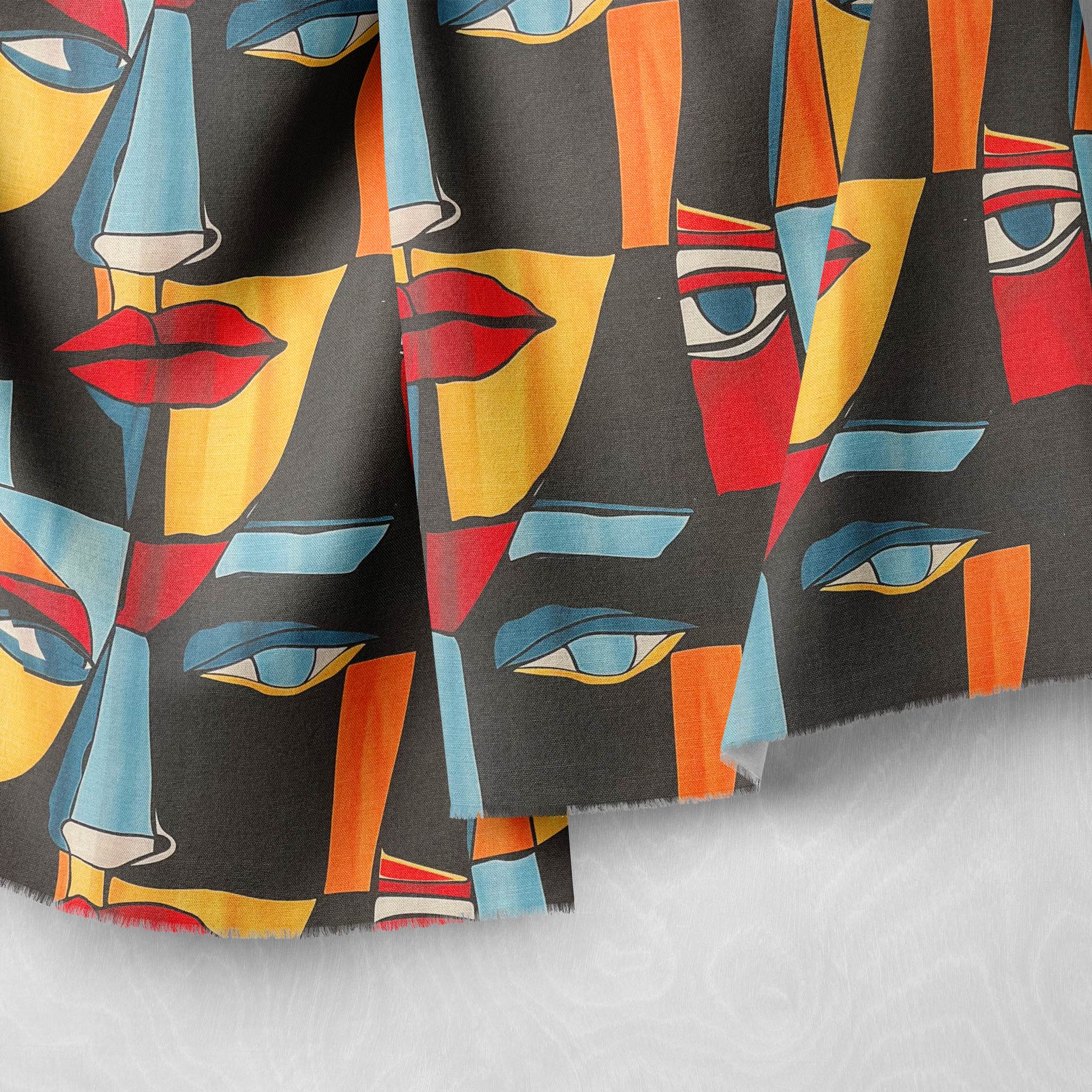 Artistic curtain fabric featuring expressive lips and eyes in bright colours