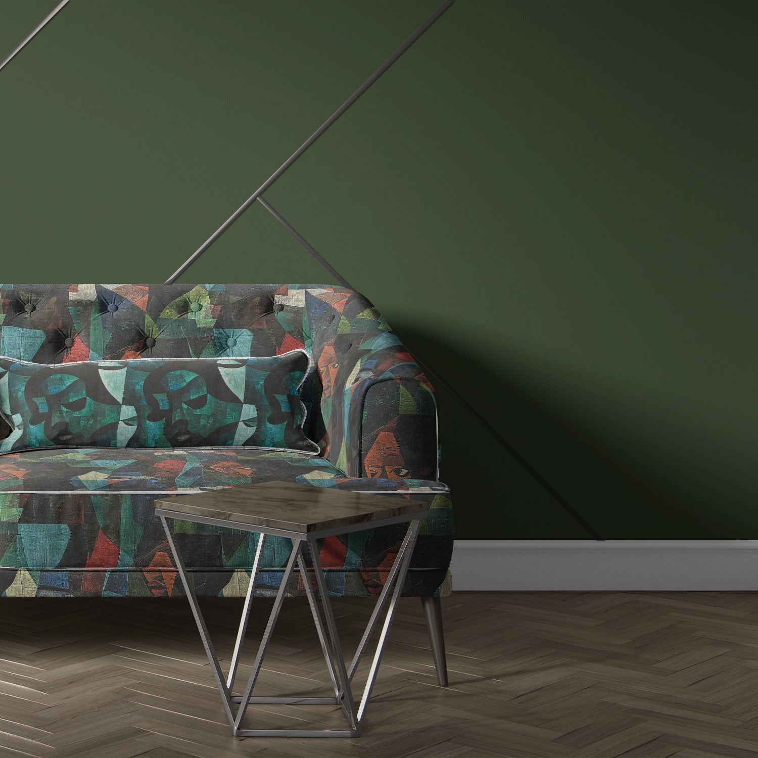 Sculpture No.20 bold cubist design upholstery fabric on sofa