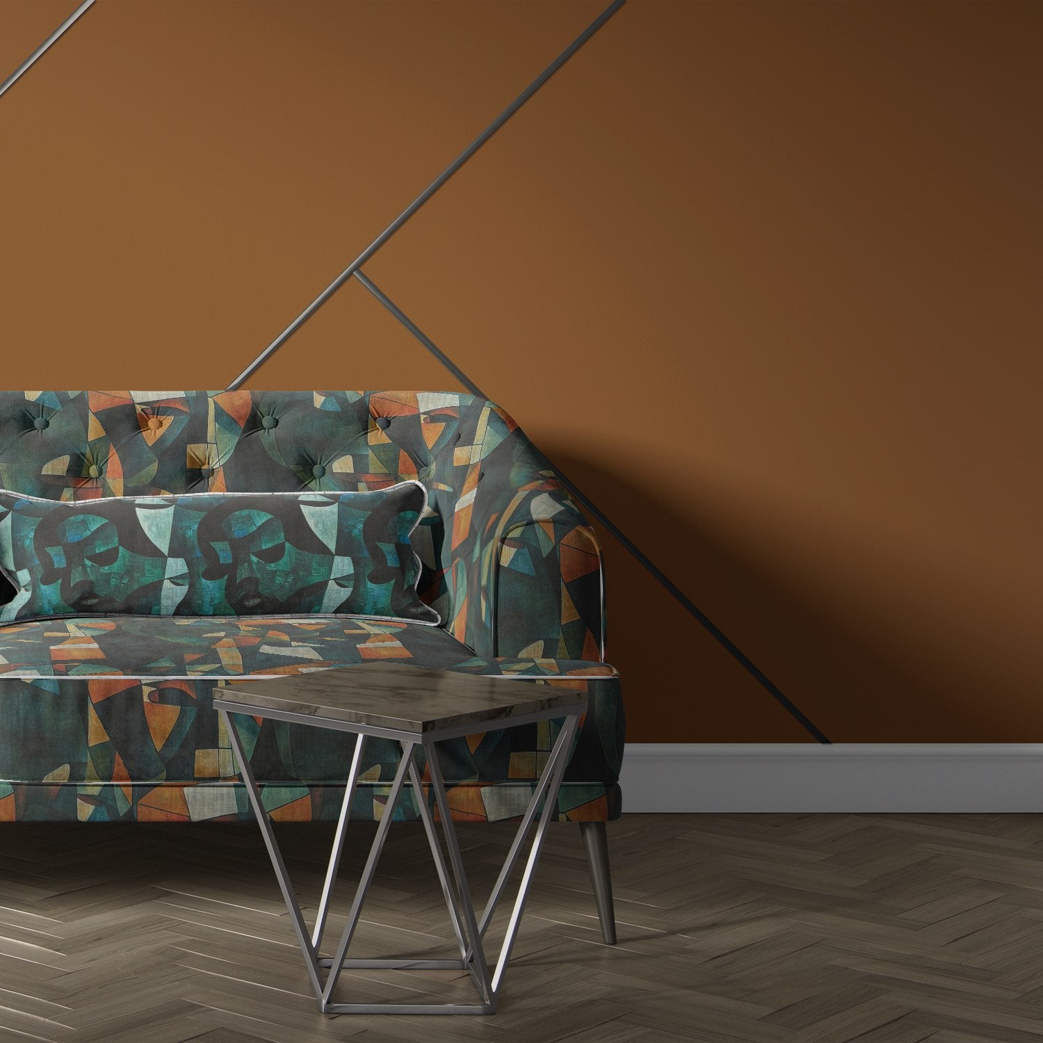 Sculpture No.22 sofa in multicoloured cubist design upholstery fabric