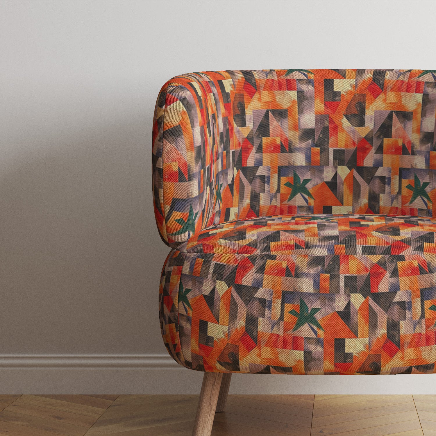 Sculpture No.3 upholstery fabric used on armchair with layered geometric shapes