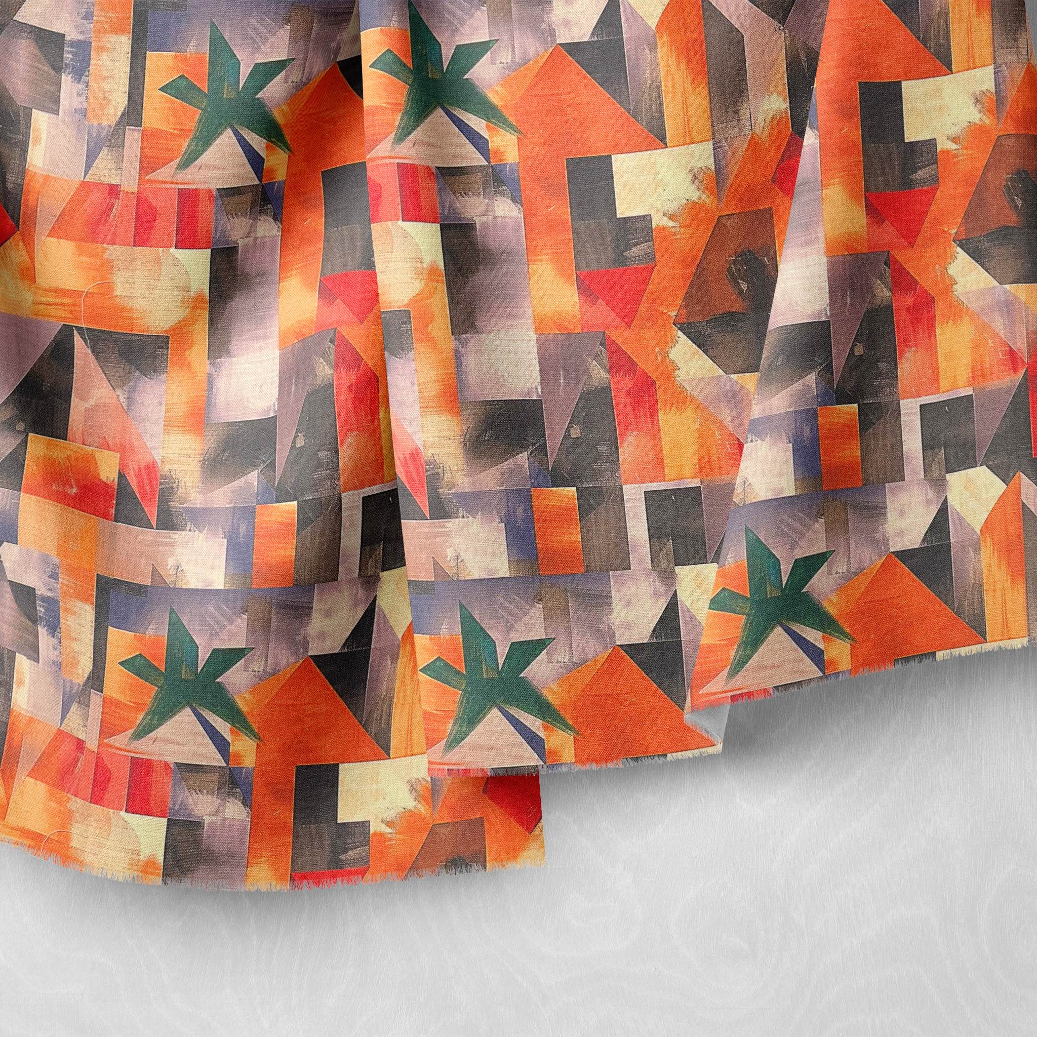 Draped orange and black abstract upholstery fabric with expressive details
