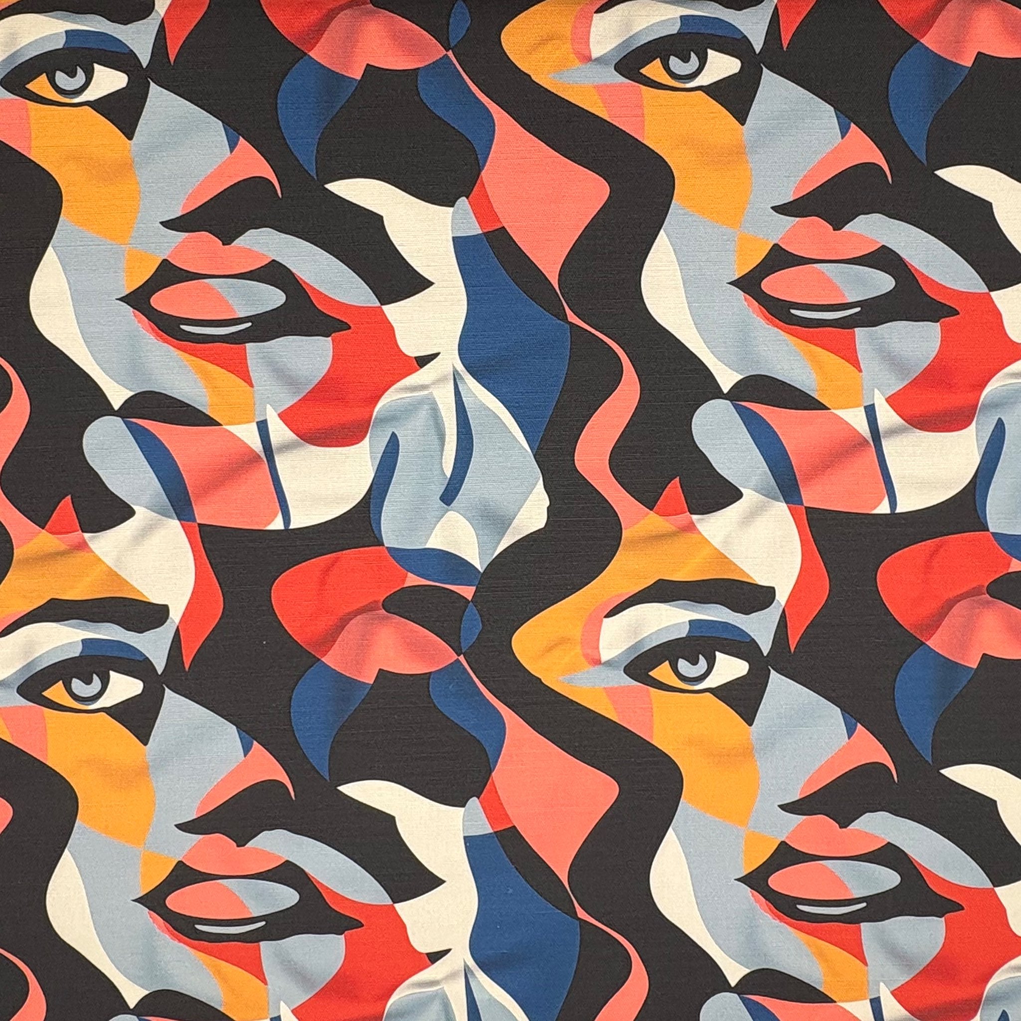 Multicoloured upholstery fabric with abstract faces – flat lay of Sculpture No.4