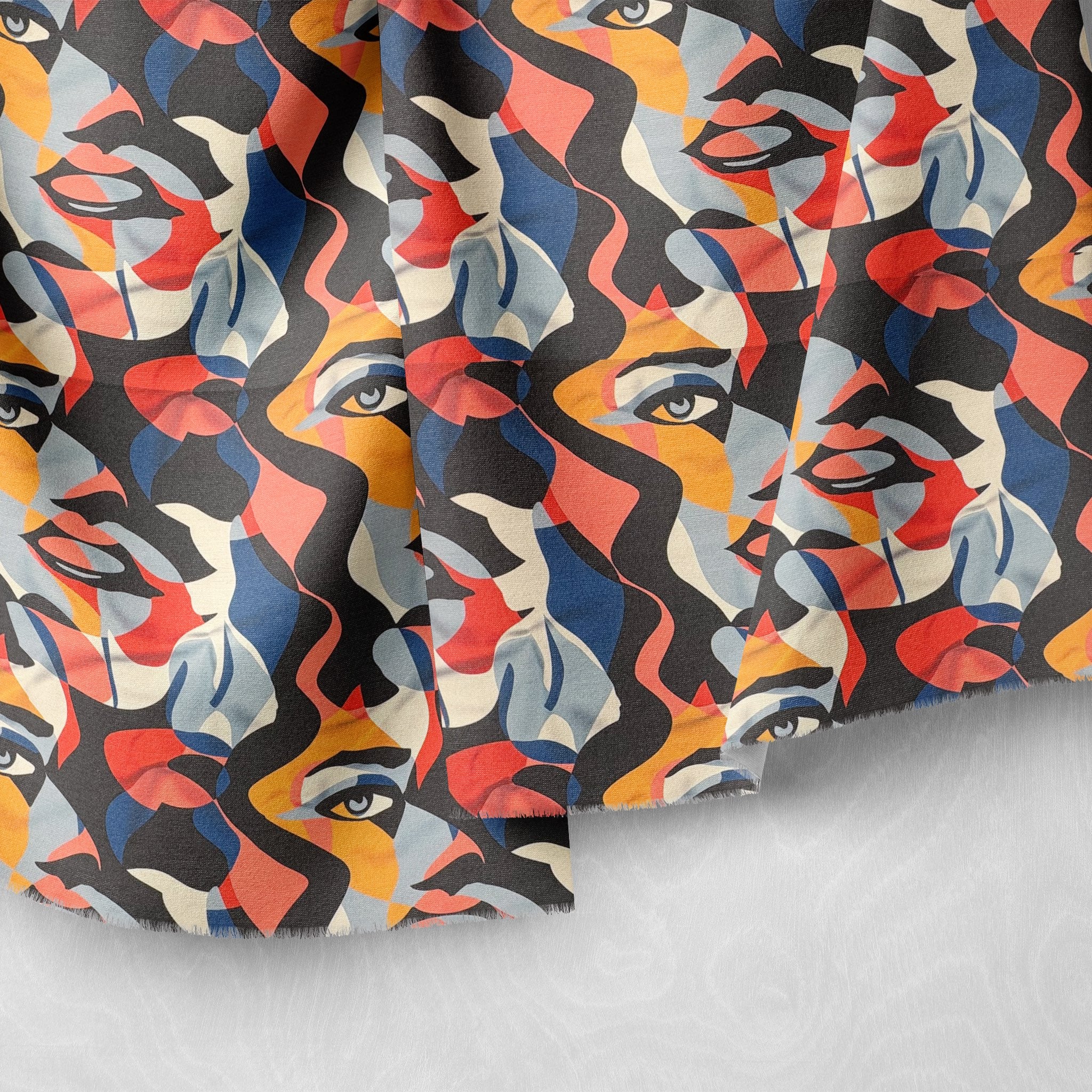 Draped multicoloured upholstery fabric showing fluid face-inspired design