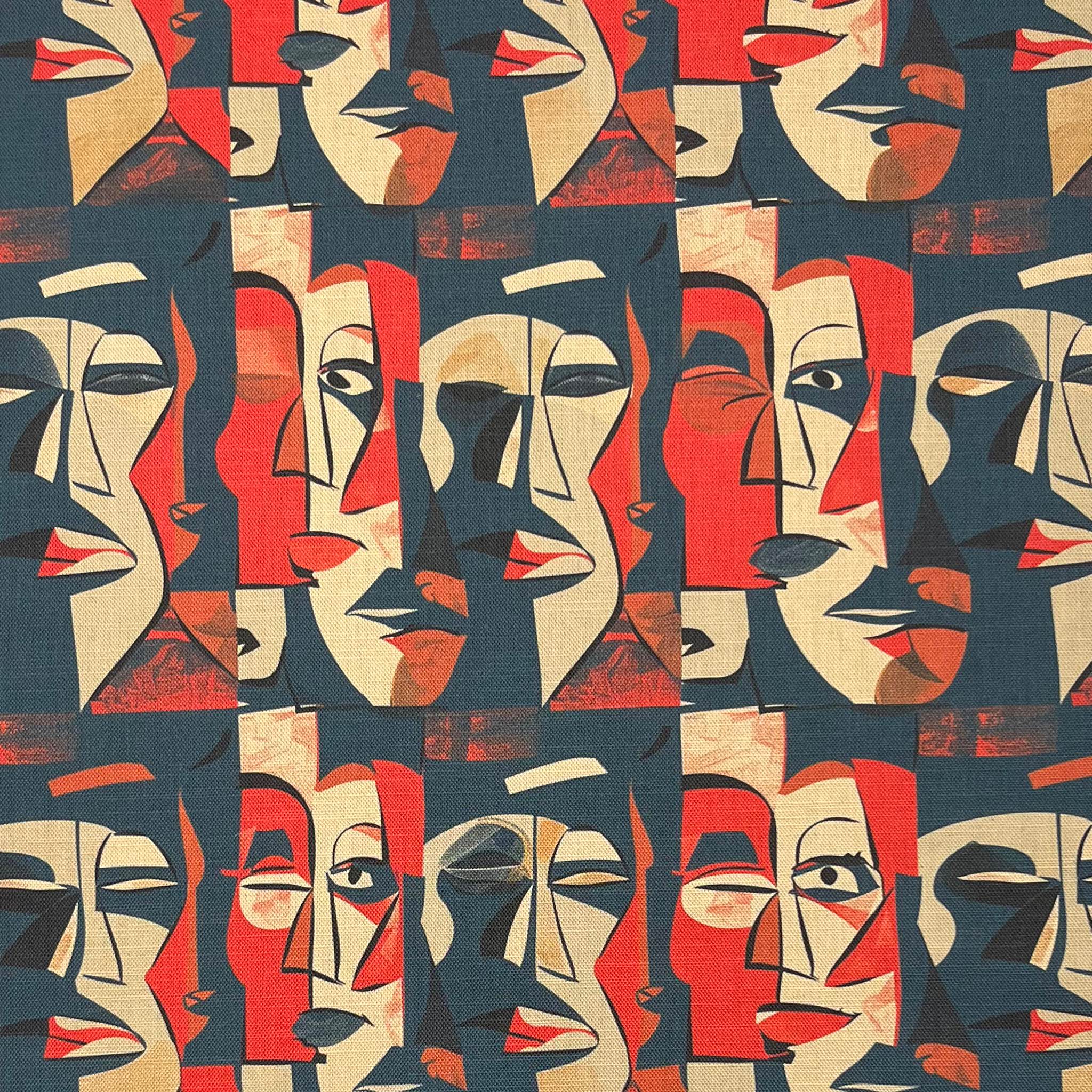 ed and cream abstract face print on contract-grade upholstery fabric – flat lay