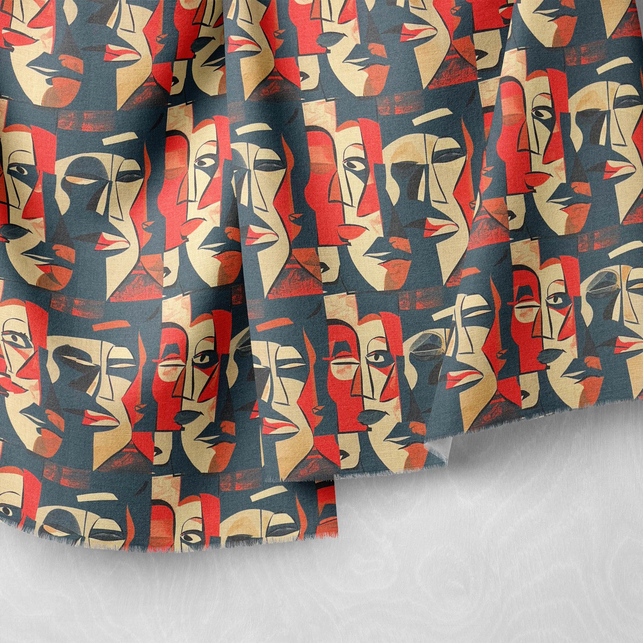 Draped abstract face design in red tones – artistic upholstery fabric close-up