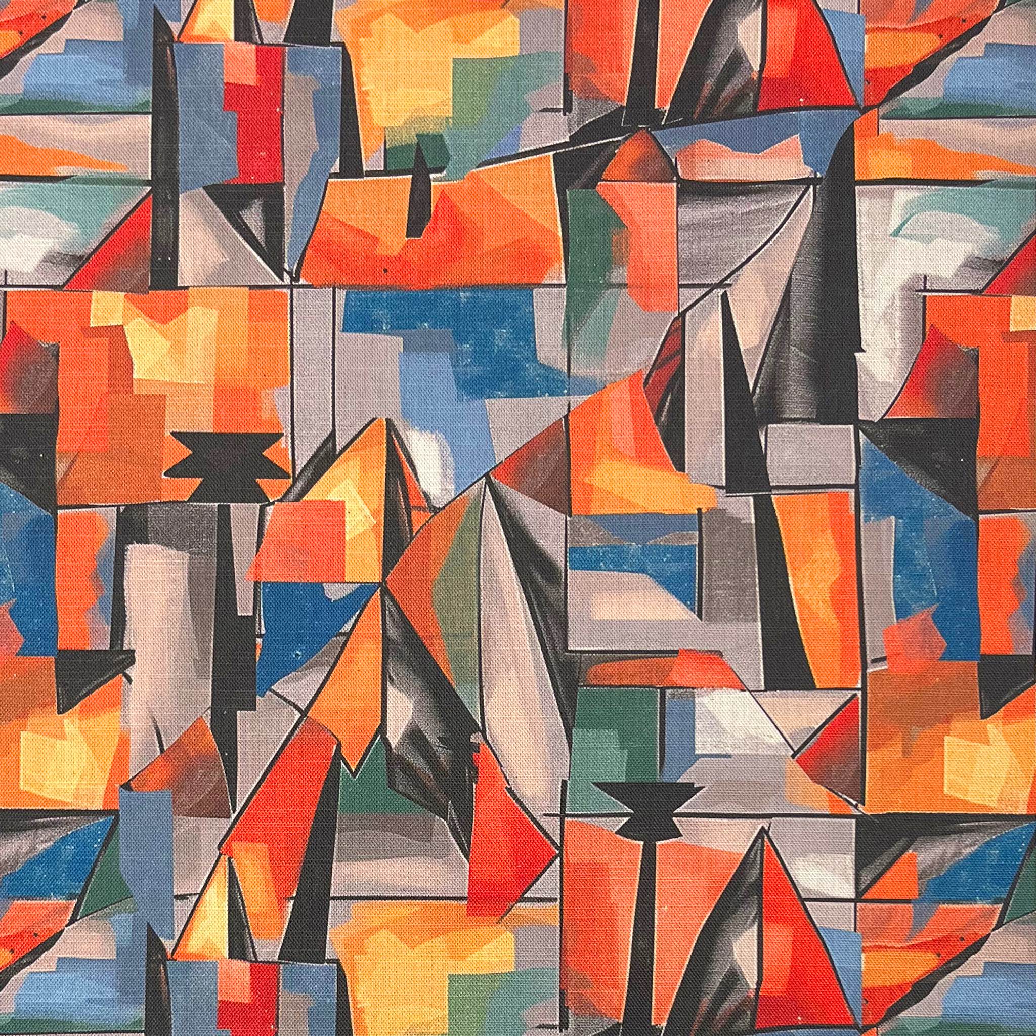 Multicoloured geometric upholstery fabric with cubist blocks – flat lay