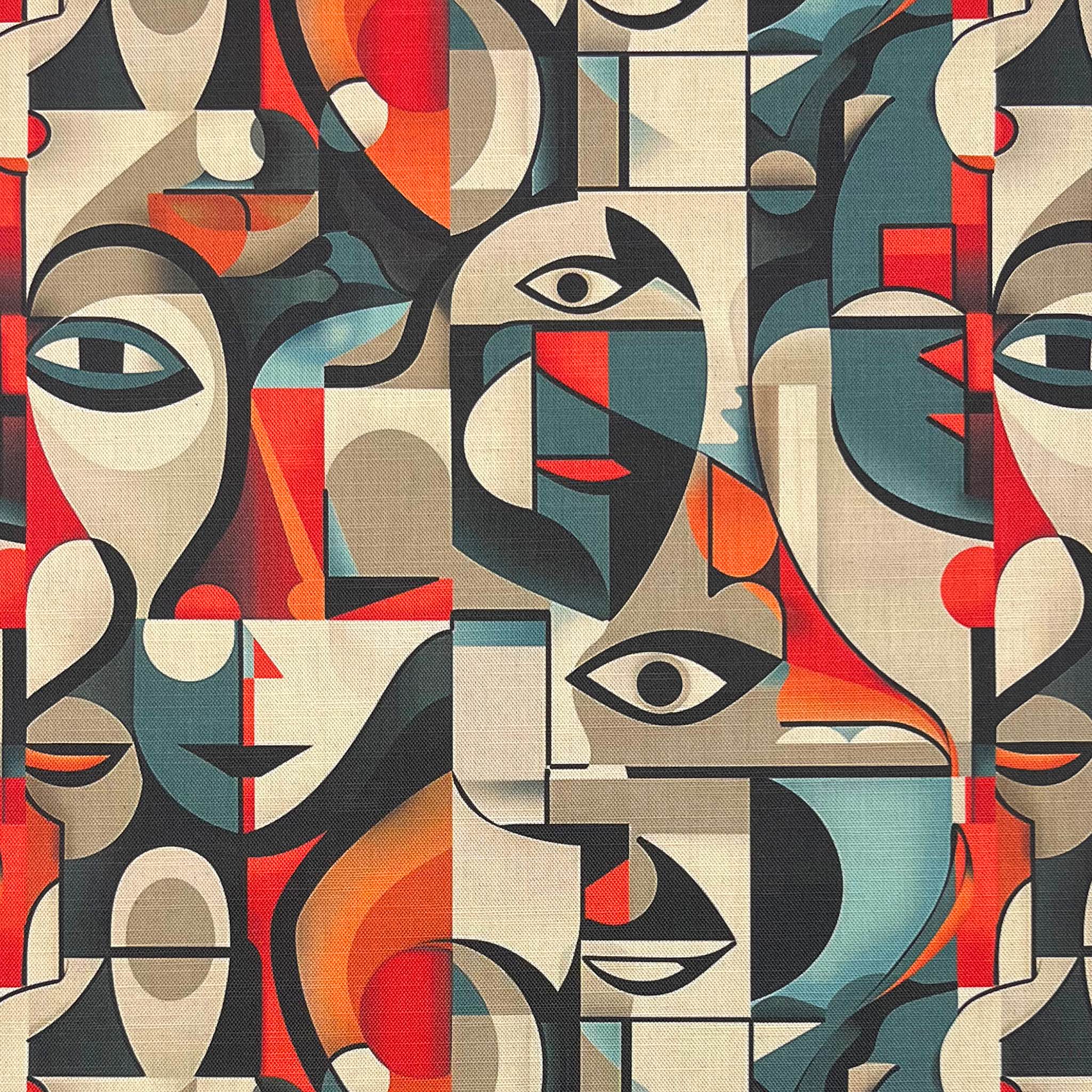 Abstract upholstery fabric with face motifs – Sculpture No.8 flat lay