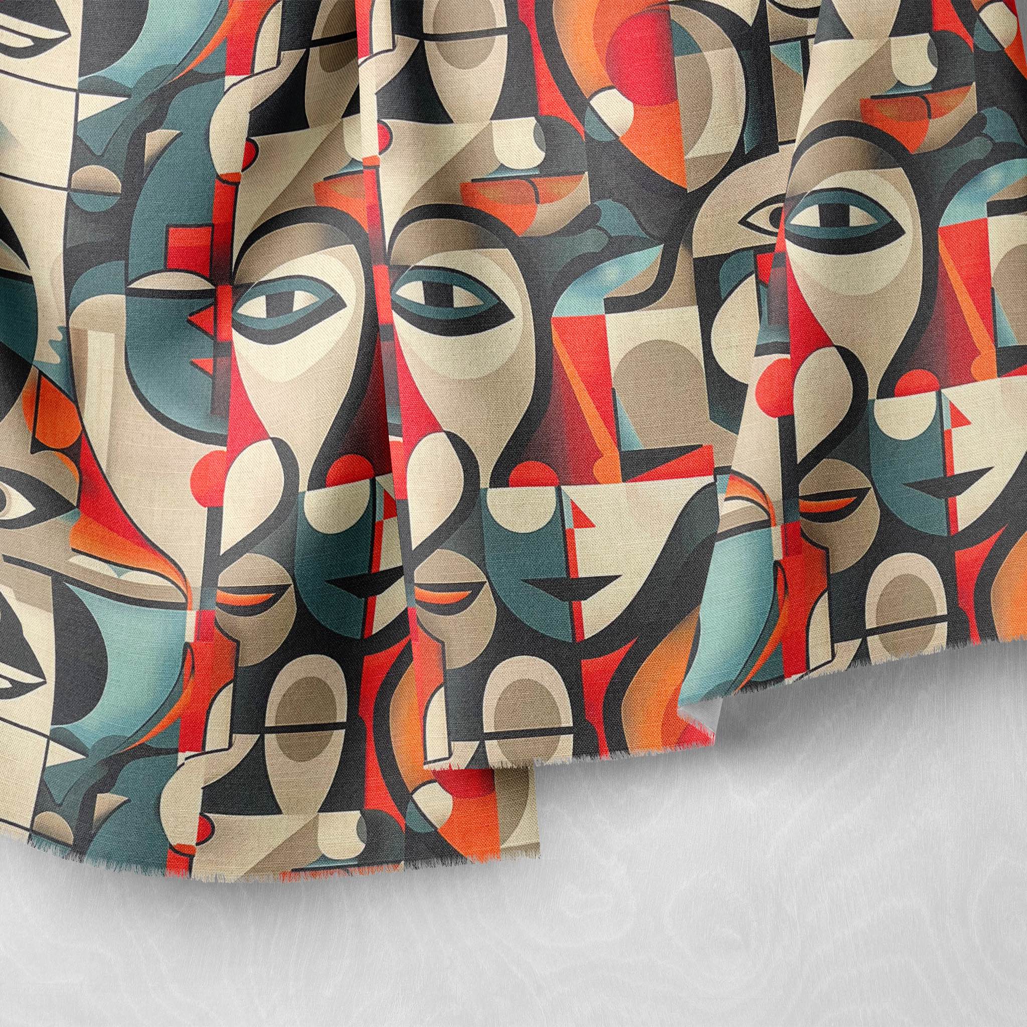 Draped artistic face upholstery fabric in cream, red, and teal tones