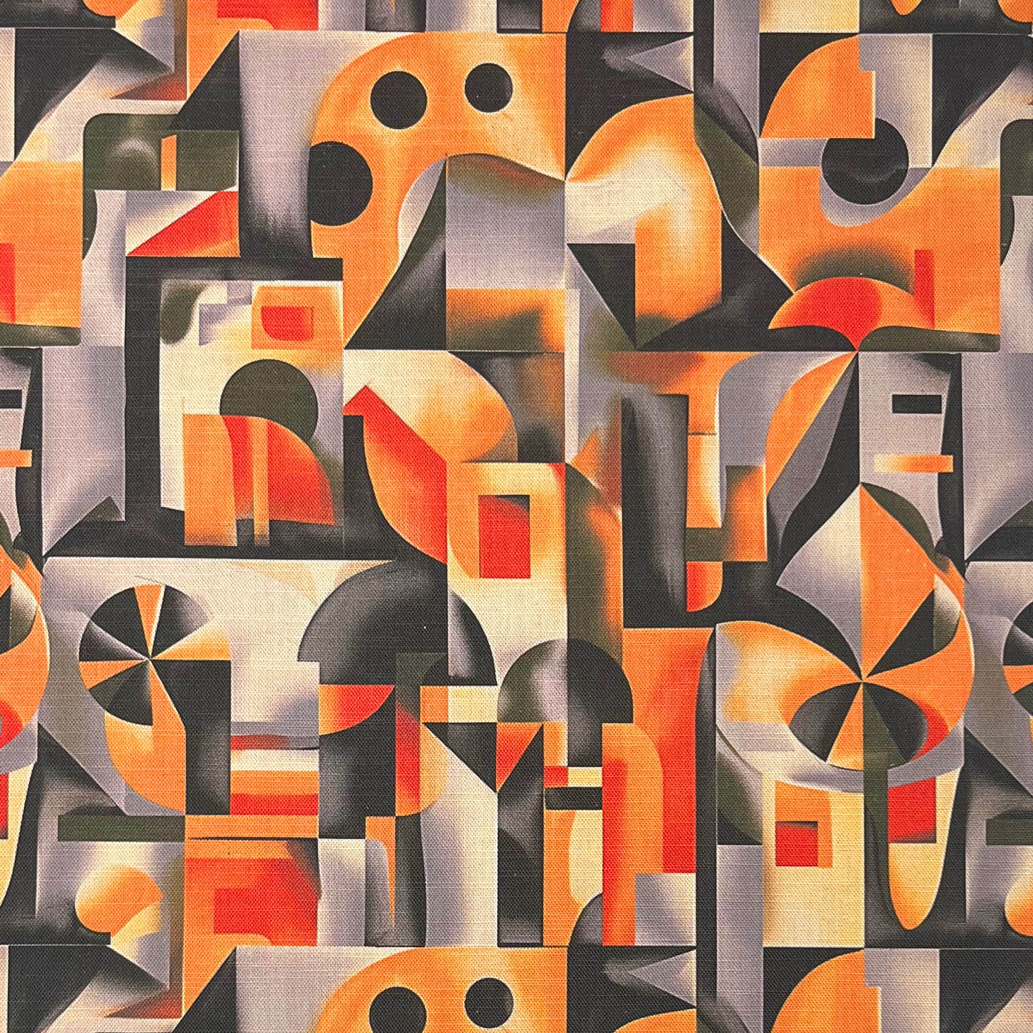 Orange abstract upholstery fabric with cubist forms – Sculpture No.9 flat lay