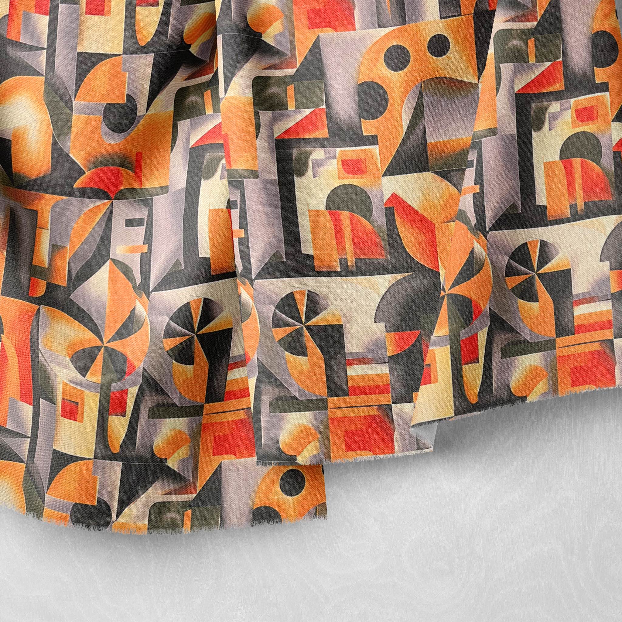 Draped fabric featuring orange geometric upholstery design