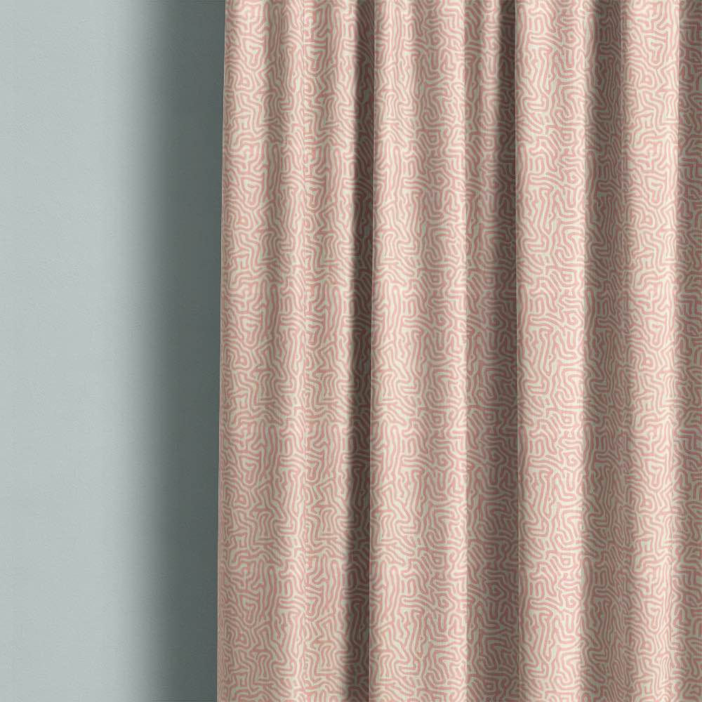 Soft pink contemporary linen curtain fabric featuring organic abstract printed line pattern in elegant modern interior