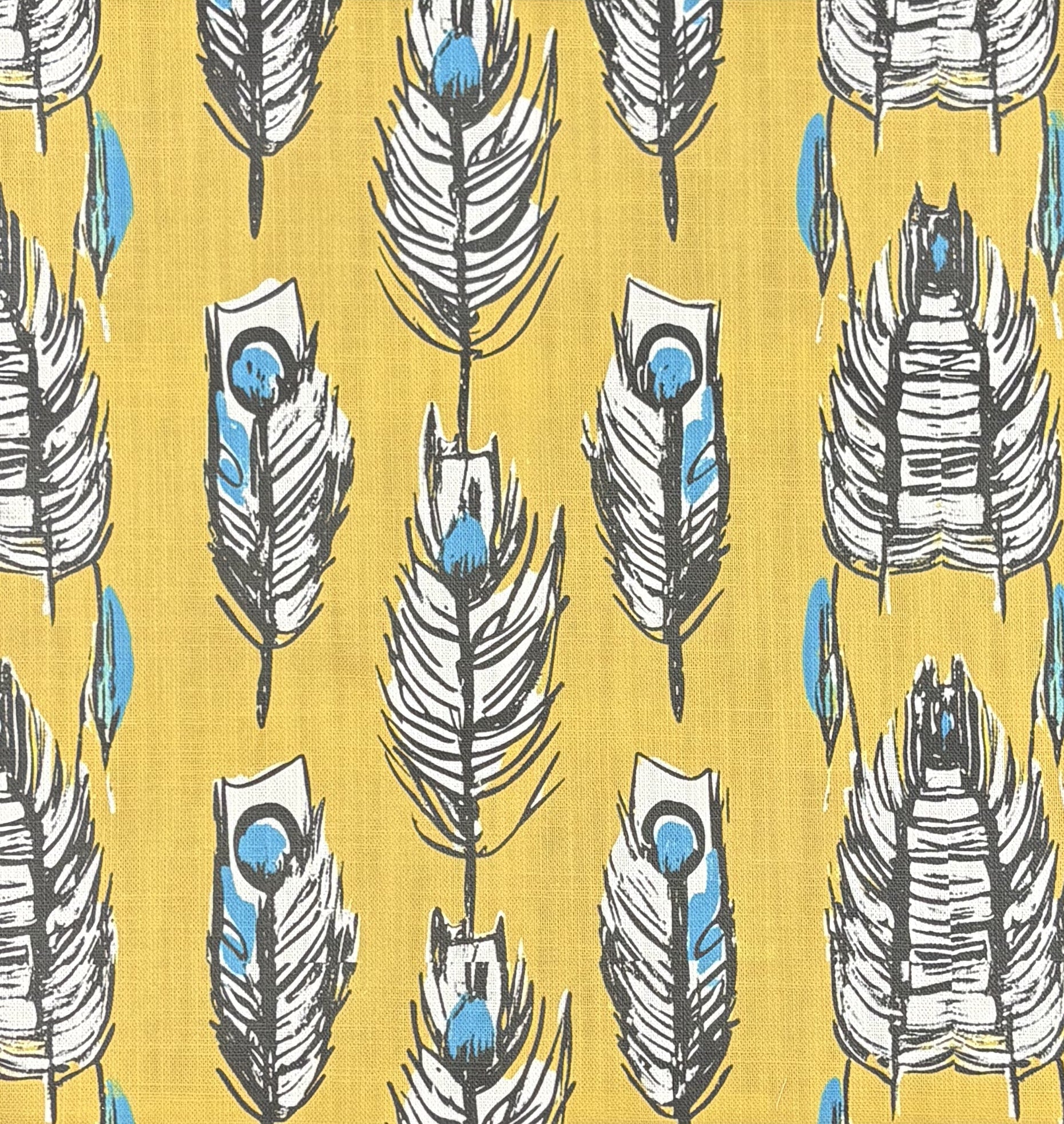 Sketch No.10 yellow upholstery fabric with hand-drawn black and blue feather pattern
