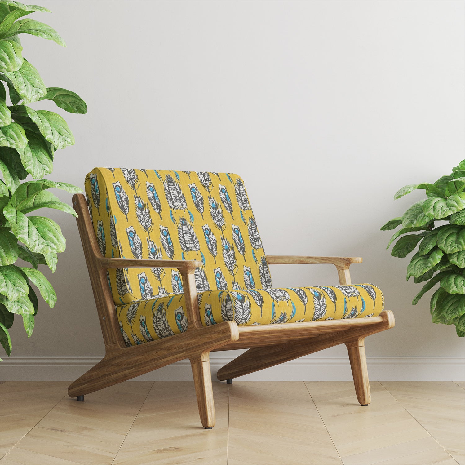 Mid-century style chair upholstered in feather print yellow upholstery fabric