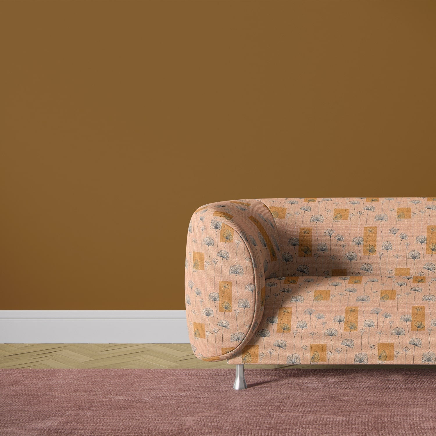 Retro sofa upholstered in pink fabric with playful botanical sketch design