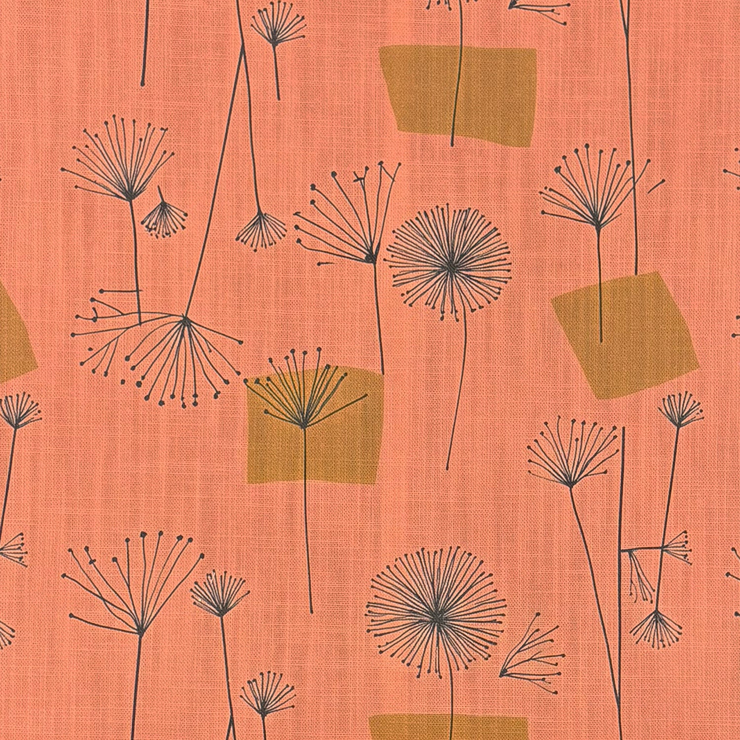 Sketch No.12 pink upholstery fabric with hand-drawn dandelions and ochre blocks