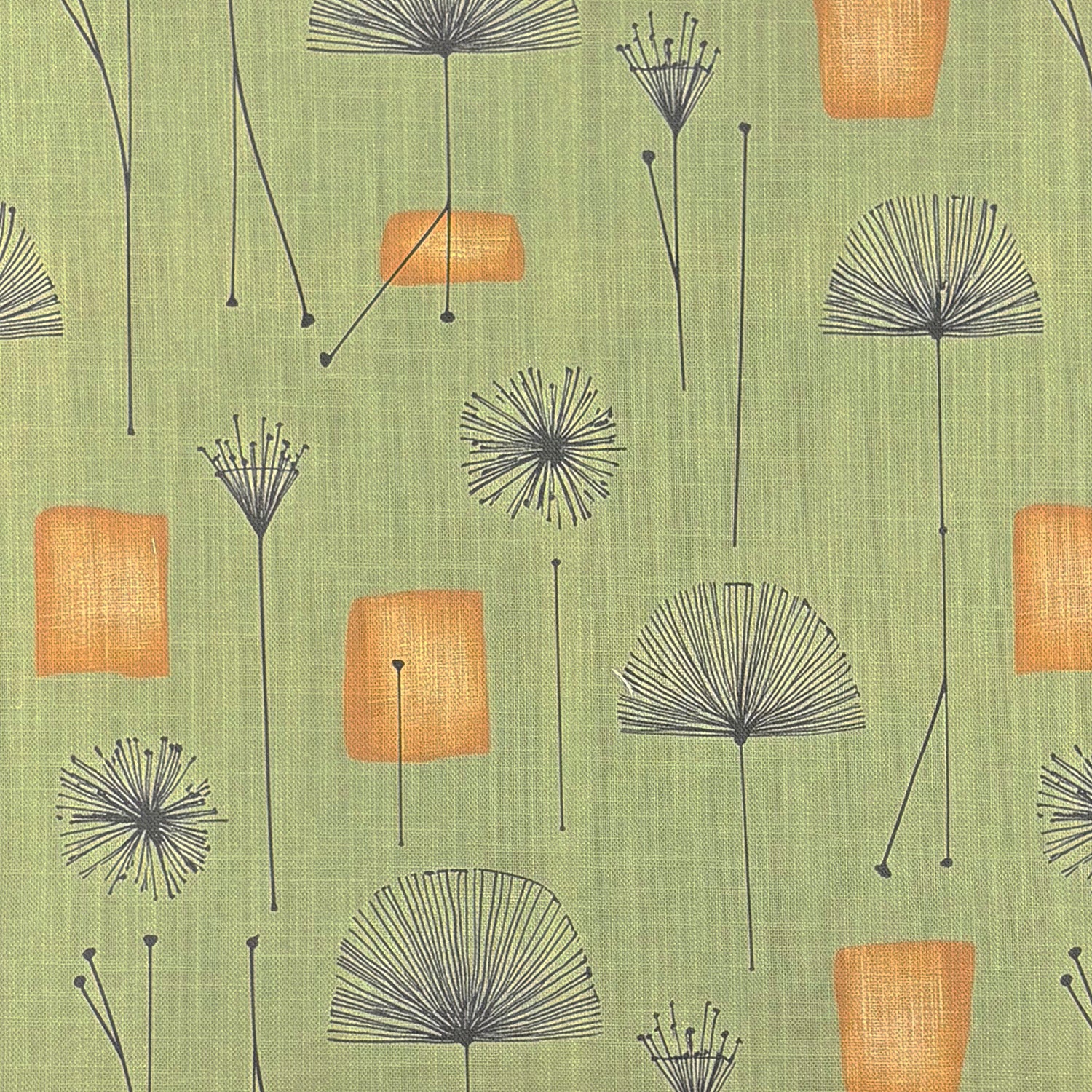 Sketch No.14 green upholstery fabric with ochre rectangles and dandelion motifs