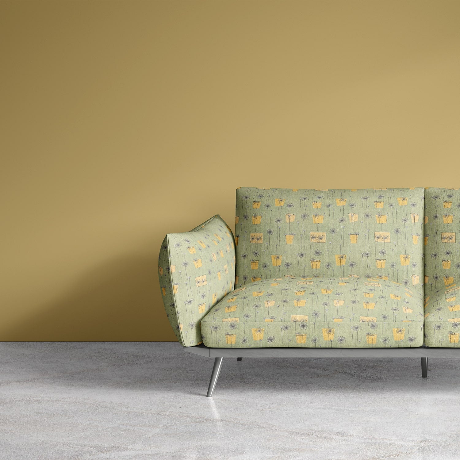 Sketch No.15 green botanical upholstery fabric with ochre accent blocks