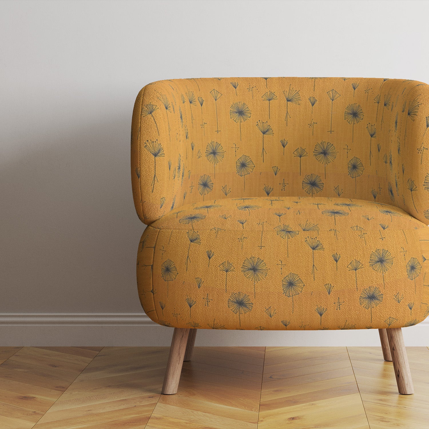 Mid-century chair upholstered in mustard botanical fabric